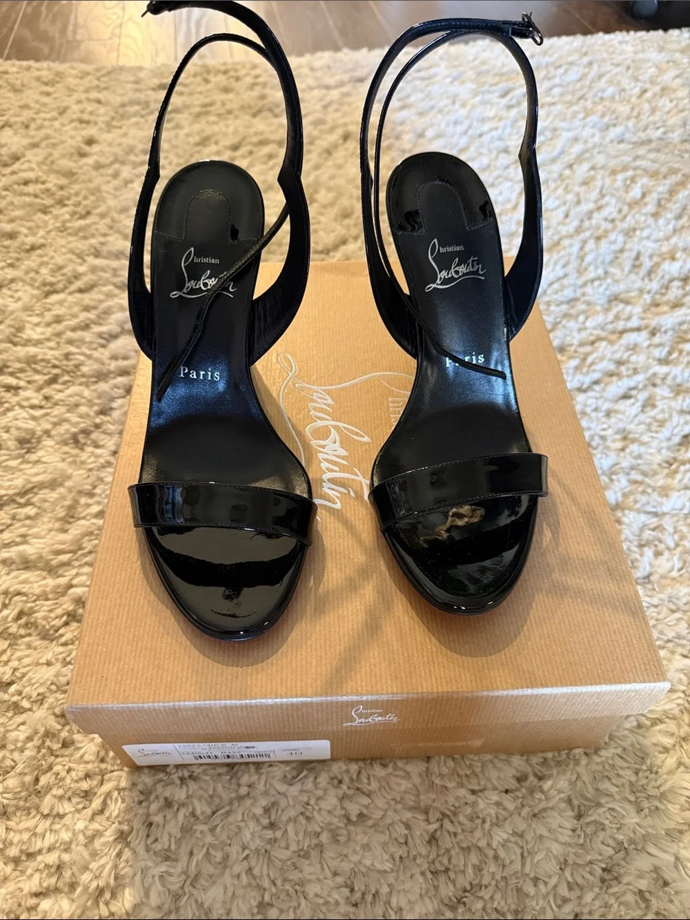 Christian Louboutin Black Patent Leather Open-Toe Slingback Heels